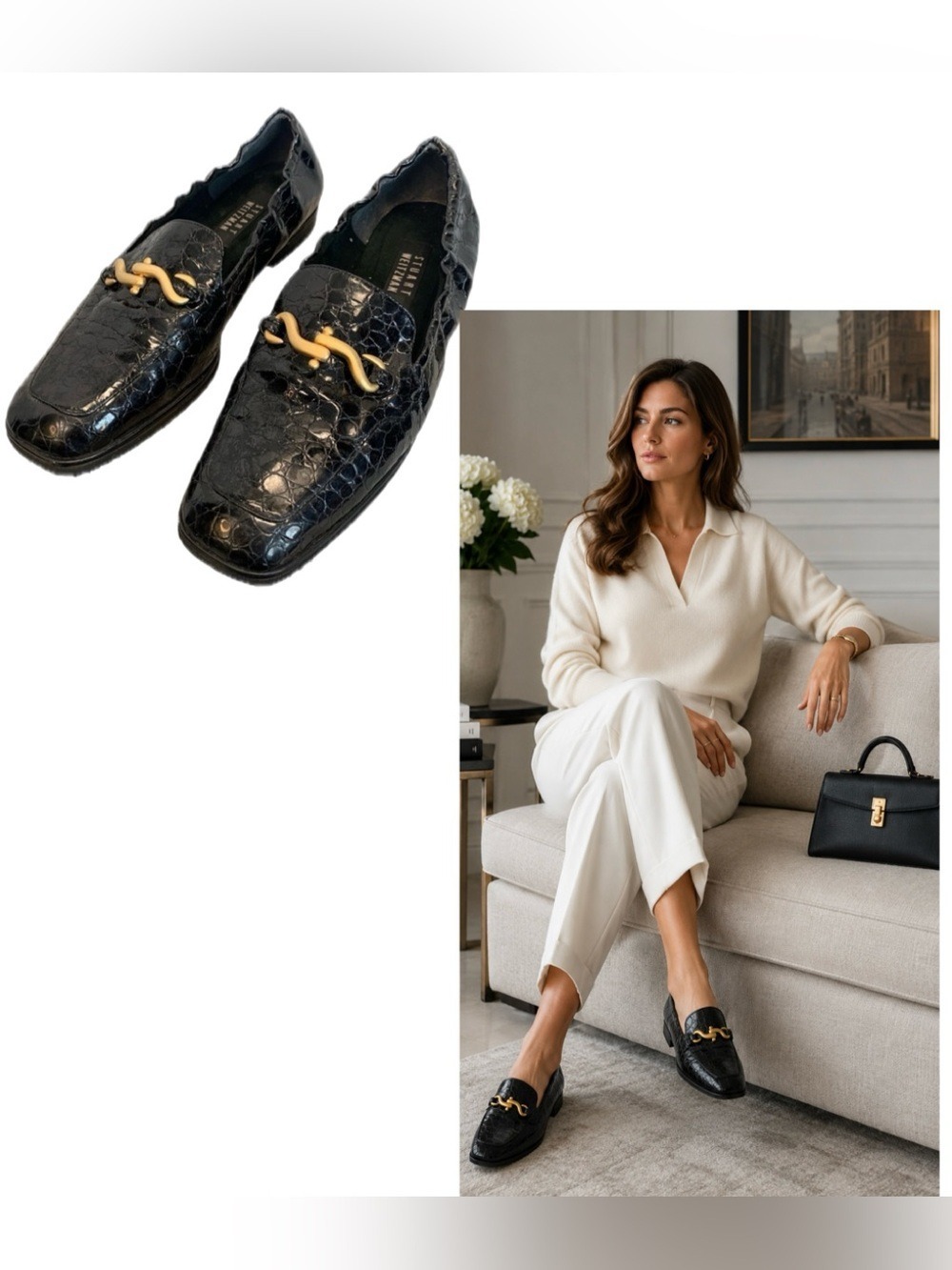 Stuart Weitzman black Croc embossed patent leather gold hardware loafer flats 10